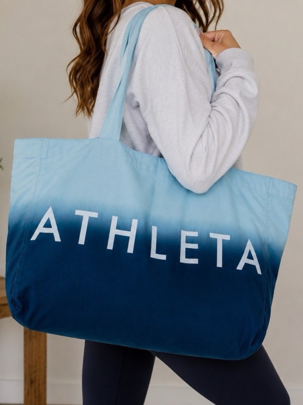 NWT Athleta Power Of She Ombre Blue Large Travel Bag Gym Tote 100% Cotton